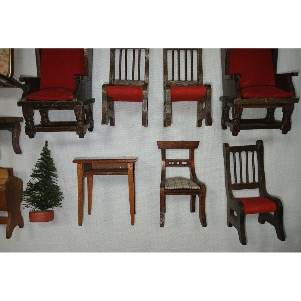 Vtg Miniature Dollhouse Wooden Wingback Living Room Set Sofa & 2 Chairs /Bed Lot - Picture 9 of 16
